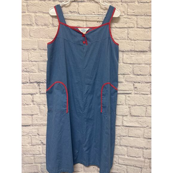 Sears At Home Wear Vintage Blue & Red House Dress Pockets SZ M/L (PTP 21") - Picture 1 of 4